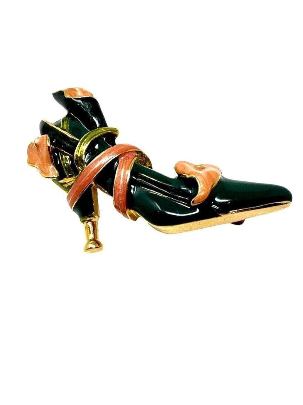 Kenneth Jay Lane KJL Enamel Shoe Brooch Gold Tone Green  Accent Collector Pin
